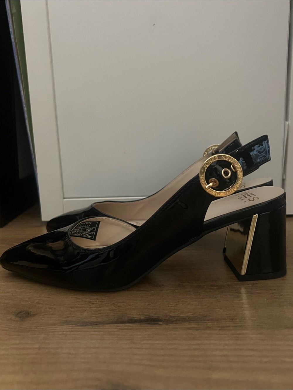David Jones Slingback Patent Leather Black Heels with Gold Buckle